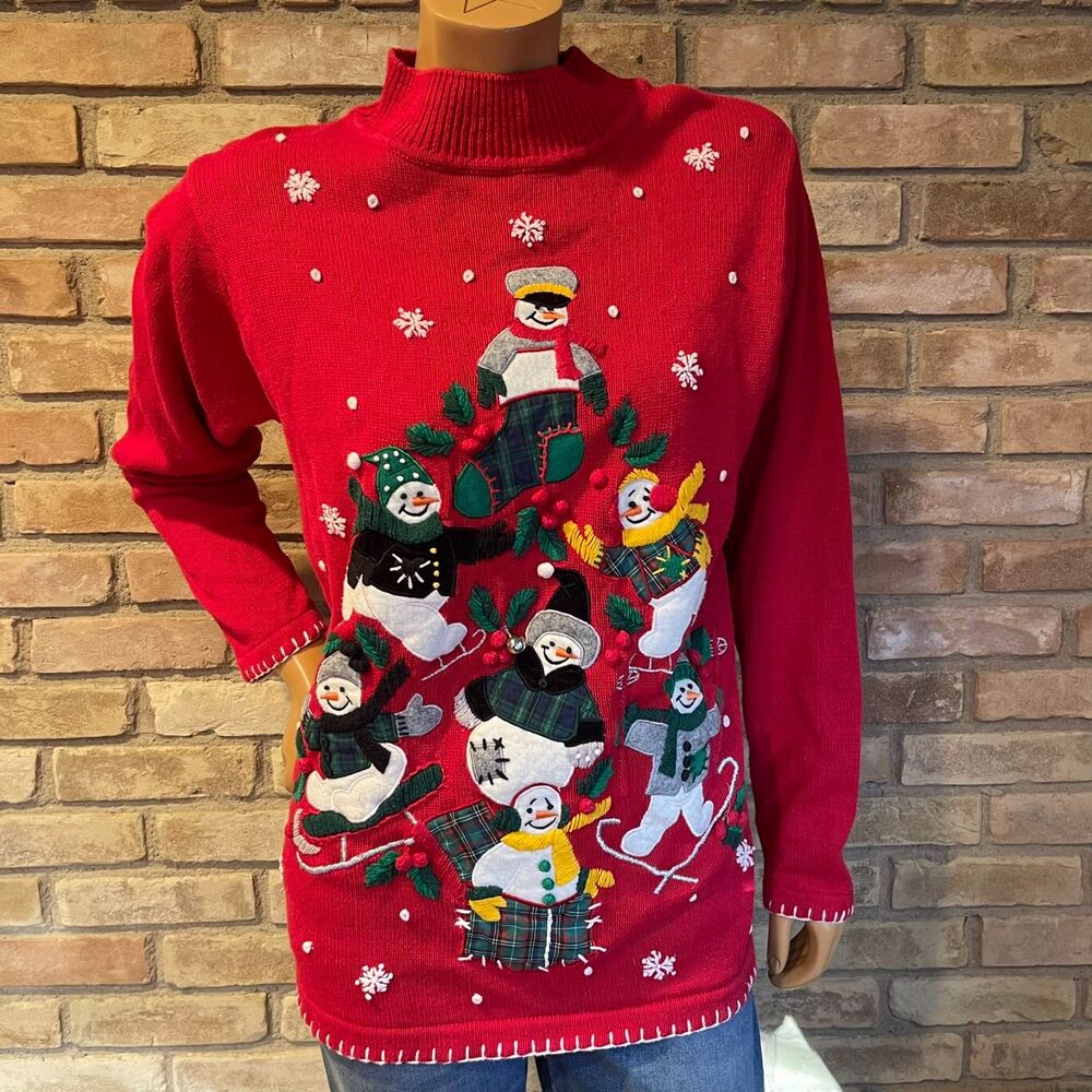 Vintage B.P. Designs Red Christmas Sweater Snowman Applique Medium
